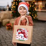 Personalized Merry Christmas Fantasy Unicorn Large Jute Tote Bag with Name Christmas Eve Party Gift for Girls Kids