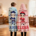 Personalized Cartoon Sport Character Soft Hooded Blanket with Name and Number Birthday Christmas Game Gift for Ice Hockey Players Lovers