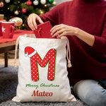 Personalized Santa Hat Polka Dot Star Stripe Initial Drawstring Gift Bag with Name Merry Christmas Eve Party Favors for Girls Boys Kids