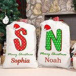 Personalized Santa Hat Polka Dot Star Stripe Initial Drawstring Gift Bag with Name Merry Christmas Eve Party Favors for Girls Boys Kids