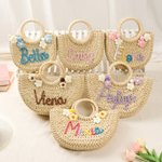 Personalised Boho Flower Straw Hand Bag with Yarn Name Birthday Wedding Christmas Gift for Women Kids Girls