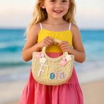 Personalised Boho Flower Straw Hand Bag with Yarn Name Birthday Wedding Christmas Gift for Women Kids Girls