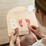 Personalised Footprint or Handprint Wooden Art Sign with Text Bat Ghost Pumpkin Kid DIY Craft First Halloween Gift for Baby New Parents