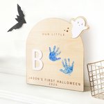 Personalised Footprint or Handprint Wooden Art Sign with Text Bat Ghost Pumpkin Kid DIY Craft First Halloween Gift for Baby New Parents