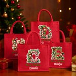 Personalized Merry Christmas Cute Elf Large Red Jute Tote Bag with Name and Initial Christmas Festival Party Gift for Kids