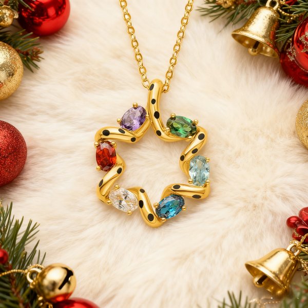 Personalized Long Tailed Marsupilami Christmas Wreath Necklace with Name and Birthstone Christmas Anniversary Gift for Women | Callie × Marsupilami®
