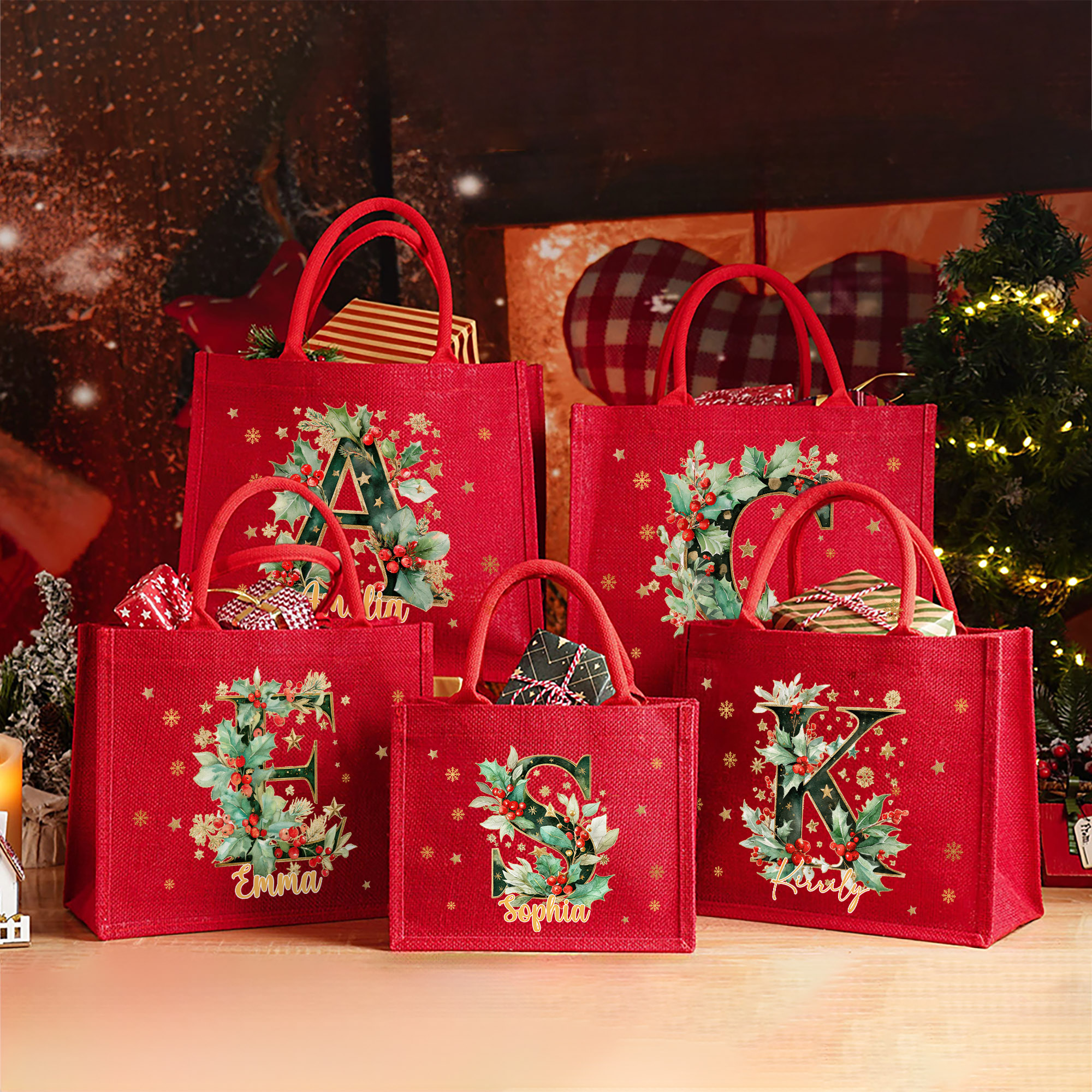 Sac en toile de jute rouge avec nom Cadeau de Noël pour enfants Amis