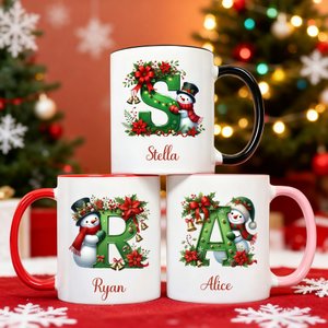Personalized Cute Santa Hat Snowman 12 oz 15 oz Ceramic Mug with Name and Initial Daily Use Christmas Gift for Family Friends