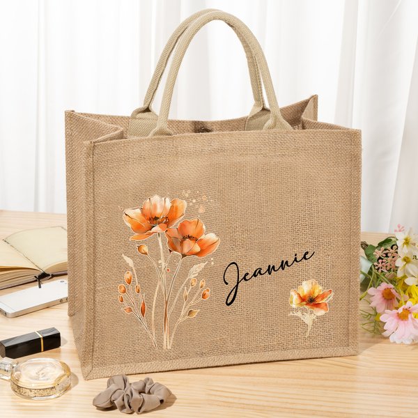 Bolsa de yute grande personalizada de flores estilo acuarela con nombre Fiesta de viaje Regalo de cumpleaños para mujer