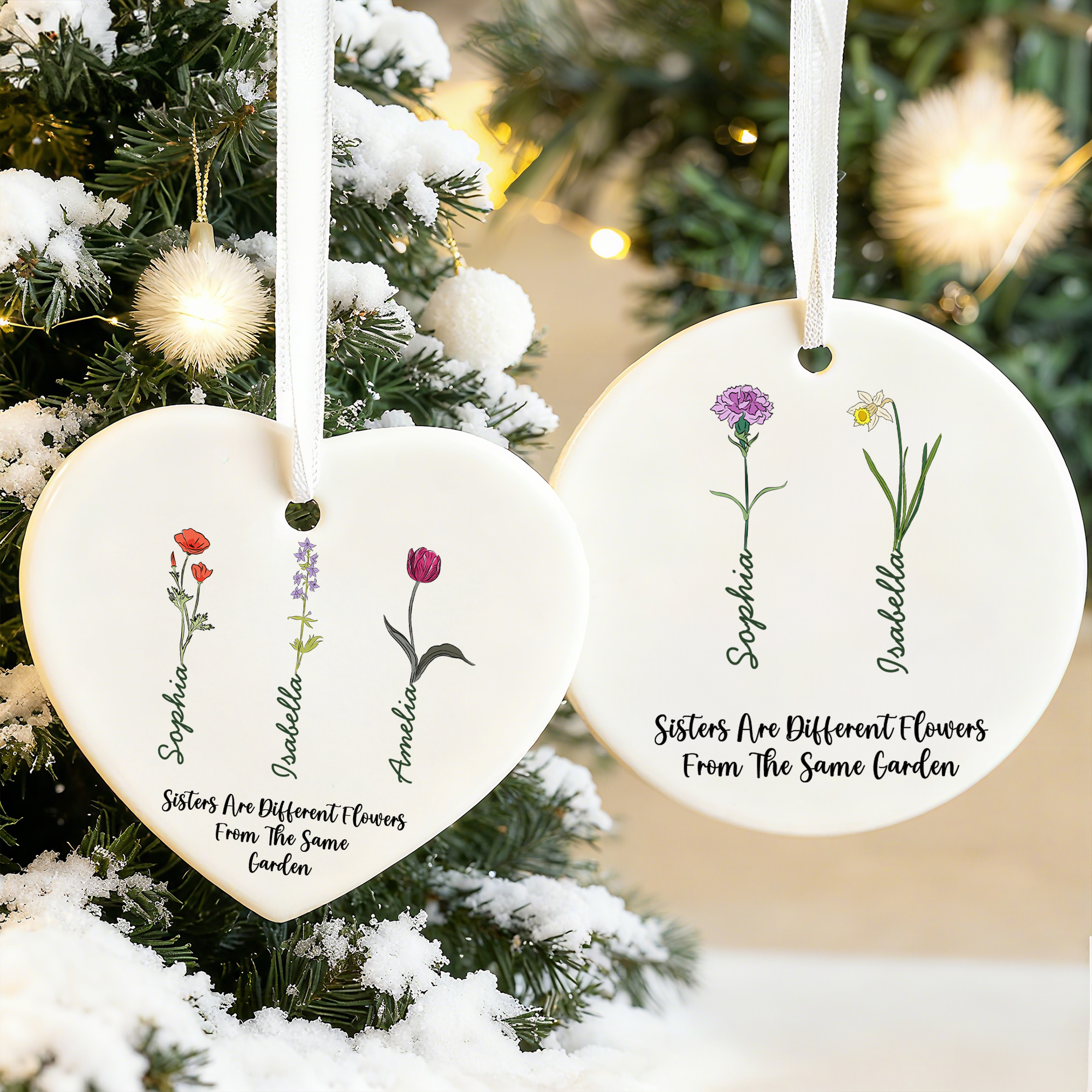 Ornement en céramique rond personnalisé avec nom et fleur de naissance Cadeau de Noël pour la famille et la soeur