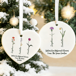Personalized Birth Flower Heart Round Ceramic Ornament with Name Tree Decor Christmas Gift for Family Sister