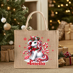 Personalized Merry Christmas Fantasy Unicorn Large Jute Tote Bag with Name Christmas Eve Party Gift for Girls Kids
