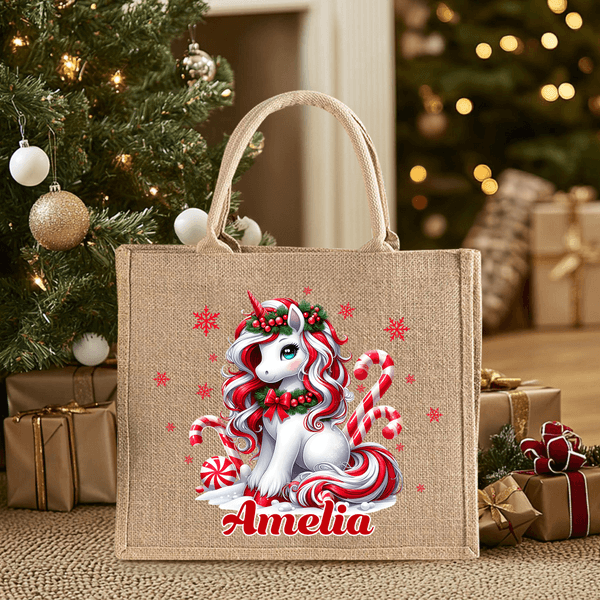 Personalized Merry Christmas Fantasy Unicorn Large Jute Tote Bag with Name Christmas Eve Party Gift for Girls Kids