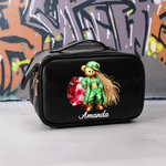 Personalized Hip-Hop Girl Teddy Bear Birthstone Large Capacity PU Leather Makeup Bag with Name Gift for Women Black Queen Hip-Hop Lovers