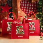 Personalized Merry Christmas Cute Elf Large Red Jute Tote Bag with Name and Initial Christmas Festival Party Gift for Kids