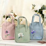 Personalized Vintage Gemstone Birth Flower Name Portable PU Leather Makeup Bag with Handle Travel Accessories Birthday Gift for Women Girls