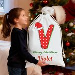 Personalized Santa Hat Polka Dot Star Stripe Initial Drawstring Gift Bag with Name Merry Christmas Eve Party Favors for Girls Boys Kids