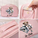 Personalized Hip-Hop Girl Teddy Bear Birthstone Large Capacity PU Leather Makeup Bag with Name Gift for Women Black Queen Hip-Hop Lovers