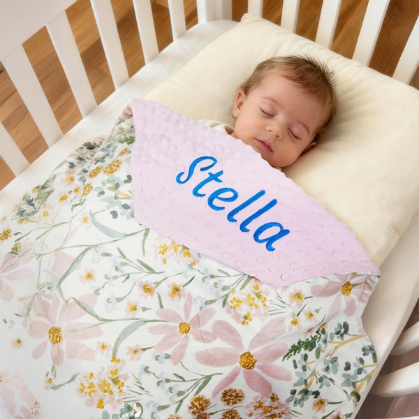 Gepersonaliseerde Daisy Bloemen Babydeken met Geborduurde Naam en Gestippelde Achterkant Verjaardag Baby Shower Gift voor Pasgeborenen Jongens Meisjes