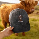 Personalized Embroidered Highland Cow Pattern 100% Cotton Distressed Retro Baseball Cap with Name Birthday Christmas Gift for Highland Cow Lover