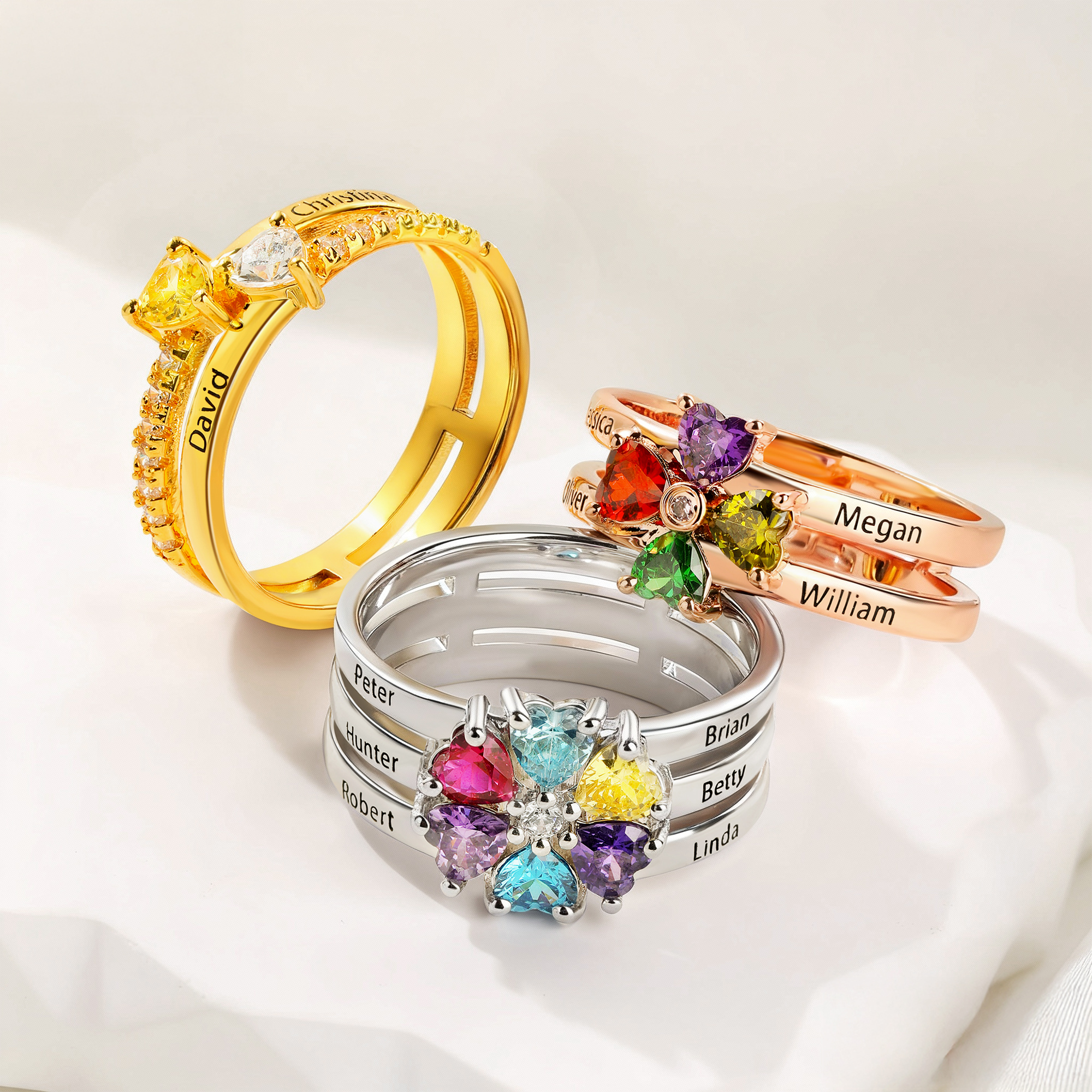 Bague personnalisée en forme de coeur 1-8 pierres de naissance avec noms gravés Cadeau d'anniversaire de fiançailles pour femmes