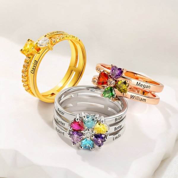 Anello personalizzato con cuore, assortimento di 1-8 pietre di nascita e nomi incisi, regalo di compleanno, anniversario e fidanzamento per le donne.