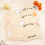 Personalised Footprint or Handprint Wooden Art Sign with Text Bat Ghost Pumpkin Kid DIY Craft First Halloween Gift for Baby New Parents