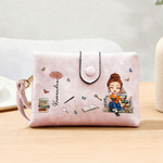 Personalized Cartoon Reading Character Birth Flower Tri-Fold Wristlet Wallet with Card Holder and Name Birthday Gift for Family Bookworms