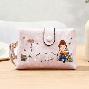Personalised Cartoon Reading Character Birth Flower Tri-Fold Wristlet Wallet with Card Holder and Name Birthday Gift for Family Bookworms