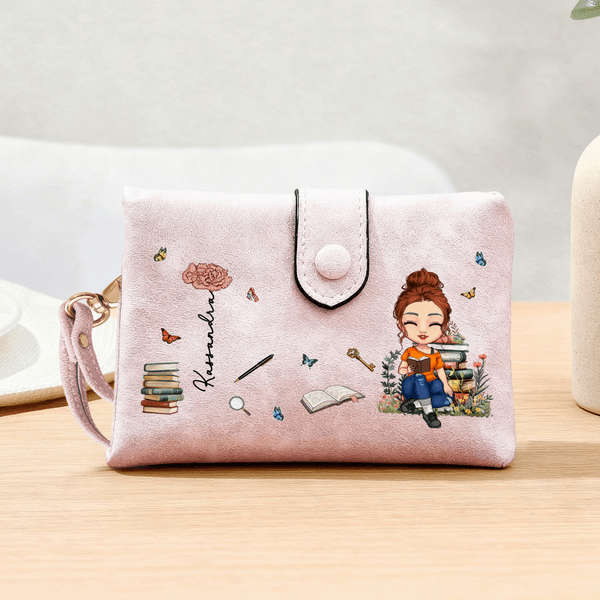 Personalized Cartoon Reading Character Birth Flower Tri-Fold Wristlet Wallet with Card Holder and Name Birthday Gift for Family Bookworms