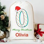 Personalized Santa Hat Polka Dot Star Stripe Initial Drawstring Gift Bag with Name Merry Christmas Eve Party Favors for Girls Boys Kids