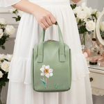 Personalized Vintage Gemstone Birth Flower Name Portable PU Leather Makeup Bag with Handle Travel Accessories Birthday Gift for Women Girls