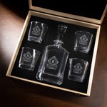Personalized Retro Wreath Engraved Initial Whiskey Decanter Glasses Wooden Box Set with Name Birthday Christmas Gift for Men Whiskey Lovers