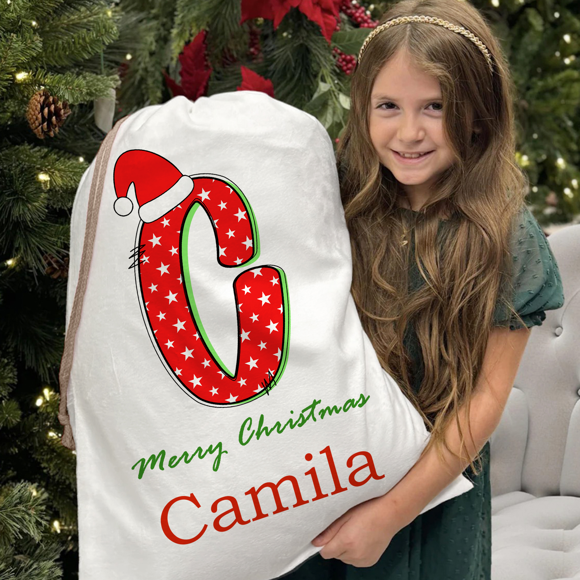 Chapeau de Père Noël à pois, étoiles, rayures, initiales, sac à cordon avec nom, fête de Noël pour les filles, les garçons et les enfants.