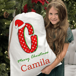 Personalized Santa Hat Polka Dot Star Stripe Initial Drawstring Gift Bag with Name Merry Christmas Eve Party Favors for Girls Boys Kids