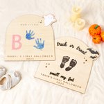 Personalised Footprint or Handprint Wooden Art Sign with Text Bat Ghost Pumpkin Kid DIY Craft First Halloween Gift for Baby New Parents