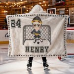 Personalized Cartoon Sport Character Soft Hooded Blanket with Name and Number Birthday Christmas Game Gift for Ice Hockey Players Lovers