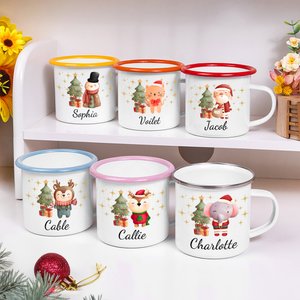 Personalized Cute Animal Christmas Tree 12 oz Enamel Mug with Name Christmas Gift for Boys Girls