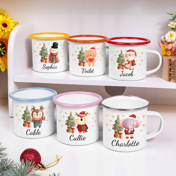 Tazza smaltata personalizzata con nome per bambini e bambine, con albero di Natale animale carino da 12 oz.