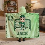 Personalized Cartoon Sport Character Soft Hooded Blanket with Name and Number Birthday Christmas Game Gift for Ice Hockey Players Lovers