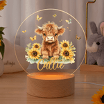Personalized Highland Cow Sunflower Butterfly Acrylic LED Night Light with Name and Wooden Base Room Decor Christmas Birthday  Gift for Kids
