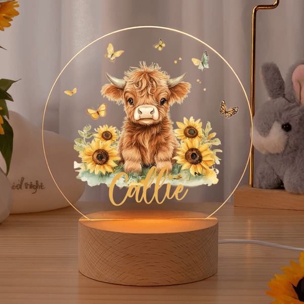 Personalized Highland Cow Sunflower Butterfly Acrylic LED Night Light with Name and Wooden Base Room Decor Christmas Birthday  Gift for Kids