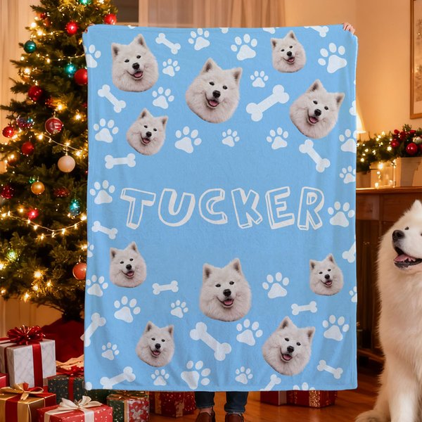 Personalized Dog Cat Photo Pet Paw Fish Bones Multicolour Soft Throw Blanket with Name Home Decor Birthday Christmas Gift for Pet Lovers