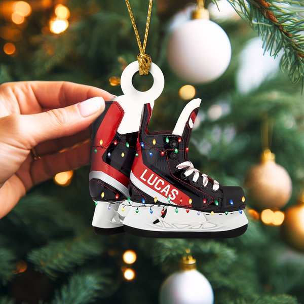 Ice Hockey Skates with Coloured Lights - Engraved Wooden Ornament