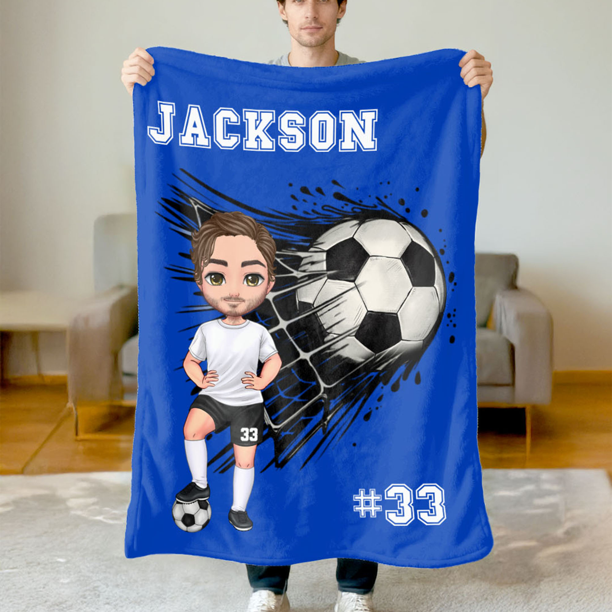 Couverture douce multicolore personnalisée avec personnage cartoon numéro et nom - Cadeau anniversaire pour amateur de football