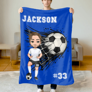 Personalised Cartoon Character Soccer Soft Throw Blanket with Name and Number Home Decor Birthday Christmas Gift for Soccer Fans