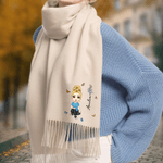 Personalized Cartoon Character Birth Flower Multicolour Super Soft Tassel Warm Scarf with Name Christmas Birthday Gift for Family Friends