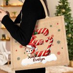 Personalized Cute Santa Hat Animal Initial Large Jute Tote Bag with Name Christmas Eve Party Gift for Girls Boys Kids