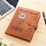 Personalized God Says You Are Birth Flower A5 PU Leather Notebook Cover with Name and Pocket Birthday Baptism Gift for Christian
