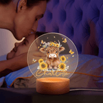 Personalized Highland Cow Sunflower Butterfly Acrylic LED Night Light with Name and Wooden Base Room Decor Christmas Birthday  Gift for Kids